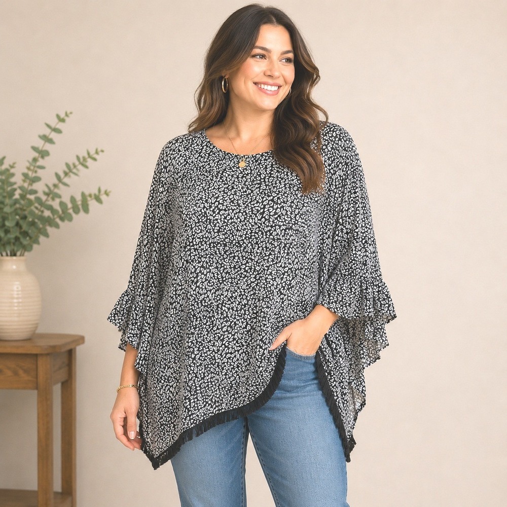 Umgee Black White Animal Print Poncho Top Womens M Sheer Fringe Hem Boho Overlay
